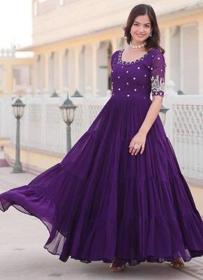 Purple embroidered georgette fully stitched flared anarkali gown 1
