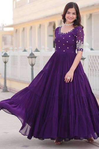 Purple embroidered georgette fully stitched flared anarkali gown