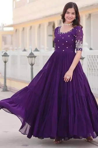 Purple embroidered georgette fully stitched flared anarkali gown