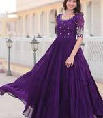 Purple embroidered georgette fully stitched flared anarkali gown