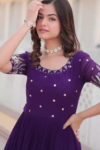 Purple embroidered georgette fully stitched flared anarkali gown