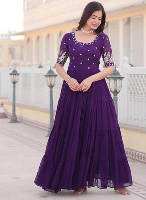 Purple embroidered georgette fully stitched flared anarkali gown 3