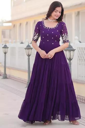 Purple embroidered georgette fully stitched flared anarkali gown