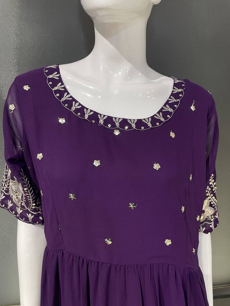 Purple embroidered georgette fully stitched flared anarkali gown