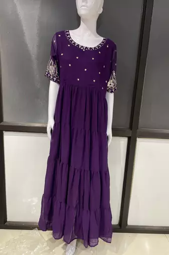 Purple embroidered georgette fully stitched flared anarkali gown