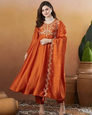 Orange embroidered vichitra silk stitched kurta pant with dupatta ethnic wear suit set 1