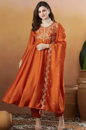 Orange embroidered vichitra silk stitched kurta pant with dupatta ethnic wear suit set