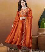 Orange embroidered vichitra silk stitched kurta pant with dupatta ethnic wear suit set
