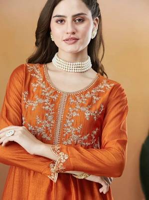 Orange embroidered vichitra silk stitched kurta pant with dupatta ethnic wear suit set 2