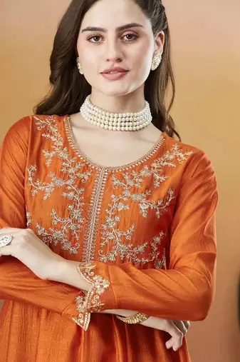 Orange embroidered vichitra silk stitched kurta pant with dupatta ethnic wear suit set