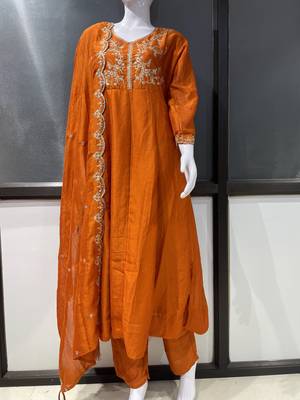 Orange embroidered vichitra silk stitched kurta pant with dupatta ethnic wear suit set 3