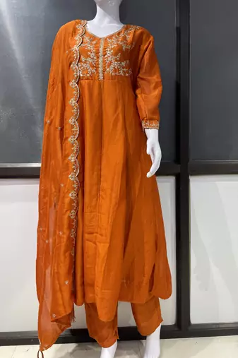 Orange embroidered vichitra silk stitched kurta pant with dupatta ethnic wear suit set