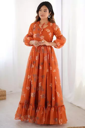 Orange floral printed georgette fully stitched flared anarkali gown