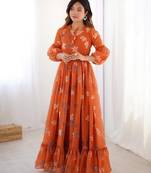 Orange floral printed georgette fully stitched flared anarkali gown