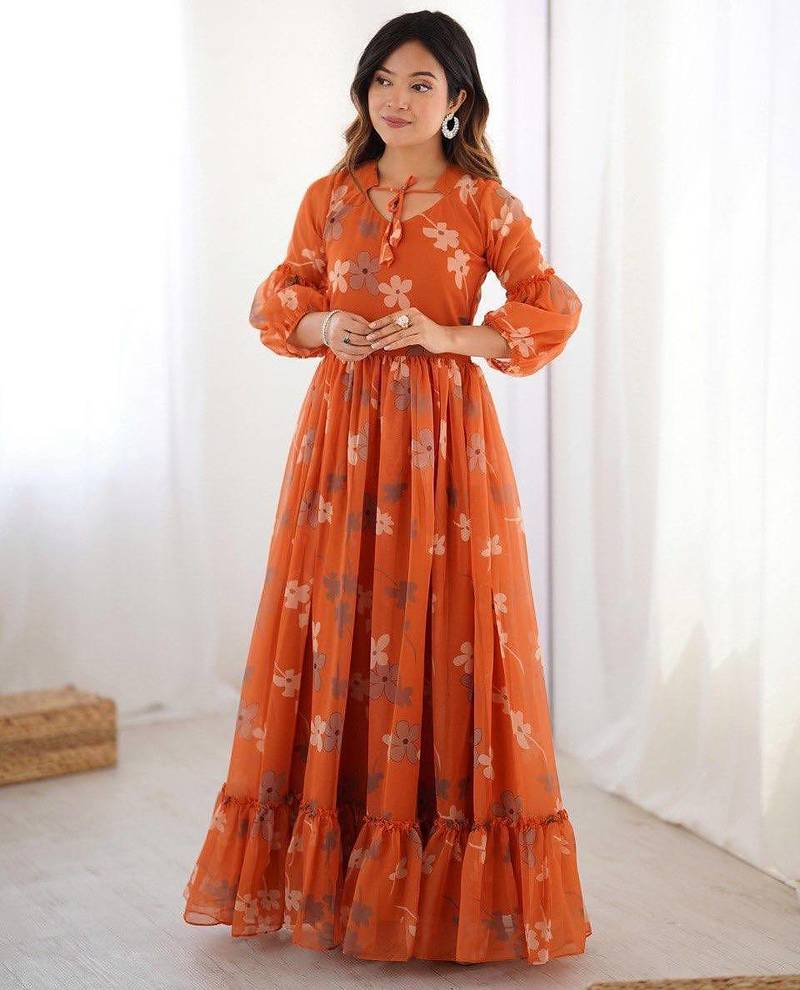 Orange floral printed georgette fully stitched flared anarkali gown