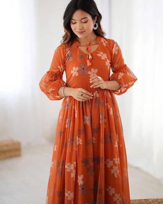 Orange floral printed georgette fully stitched flared anarkali gown 2