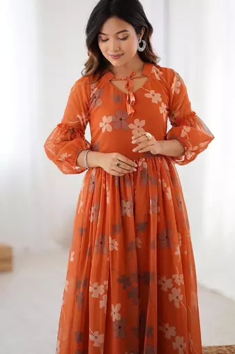 Orange floral printed georgette fully stitched flared anarkali gown