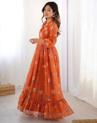 Orange floral printed georgette fully stitched flared anarkali gown 3