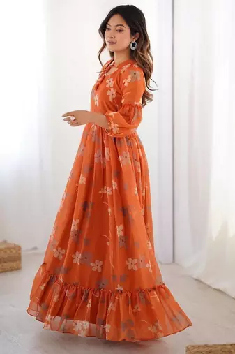 Orange floral printed georgette fully stitched flared anarkali gown