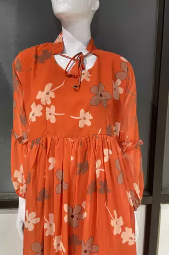 Orange floral printed georgette fully stitched flared anarkali gown