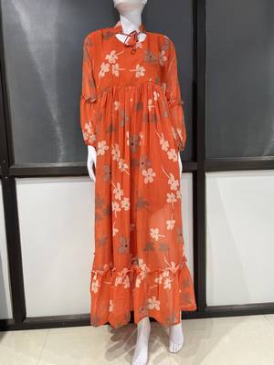Orange floral printed georgette fully stitched flared anarkali gown 5