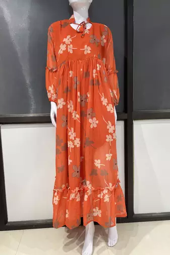 Orange floral printed georgette fully stitched flared anarkali gown