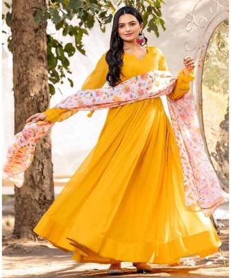 Yellow floral printed georgette fully stitched flared anarkali gown with dupatta 1