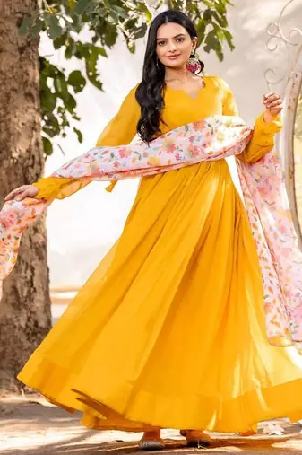 Yellow floral printed georgette fully stitched flared anarkali gown with dupatta