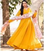 Yellow floral printed georgette fully stitched flared anarkali gown with dupatta