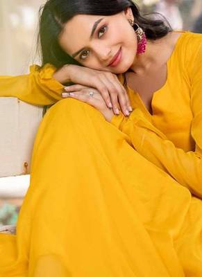 Yellow floral printed georgette fully stitched flared anarkali gown with dupatta 2