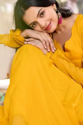 Yellow floral printed georgette fully stitched flared anarkali gown with dupatta