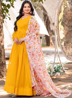 Yellow floral printed georgette fully stitched flared anarkali gown with dupatta 3