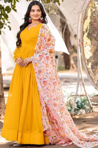 Yellow floral printed georgette fully stitched flared anarkali gown with dupatta