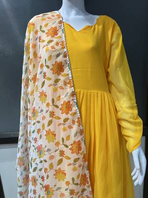 Yellow floral printed georgette fully stitched flared anarkali gown with dupatta 4