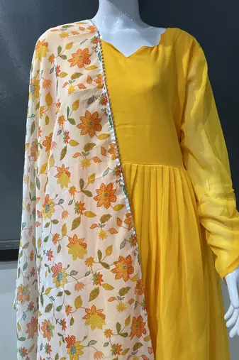 Yellow floral printed georgette fully stitched flared anarkali gown with dupatta
