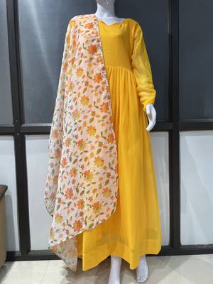 Yellow floral printed georgette fully stitched flared anarkali gown with dupatta 5