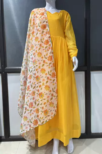 Yellow floral printed georgette fully stitched flared anarkali gown with dupatta