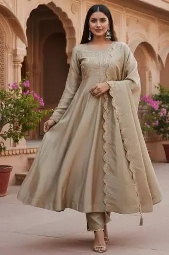 Beige embroidered vichitra silk fully stitched anarkali suit set with dupatta & straight pant
