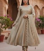 Beige embroidered vichitra silk fully stitched anarkali suit set with dupatta & straight pant