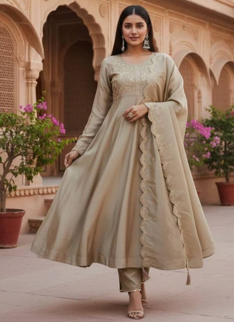 Beige embroidered vichitra silk fully stitched anarkali suit set with dupatta & straight pant