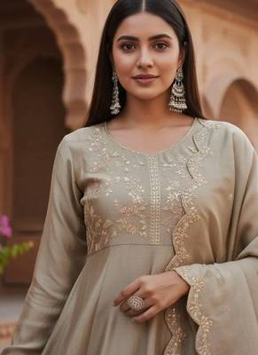 Beige embroidered vichitra silk fully stitched anarkali suit set with dupatta & straight pant 2
