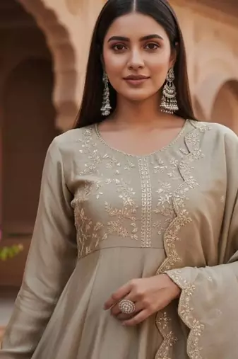 Beige embroidered vichitra silk fully stitched anarkali suit set with dupatta & straight pant