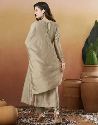 Beige embroidered vichitra silk fully stitched anarkali suit set with dupatta & straight pant 3