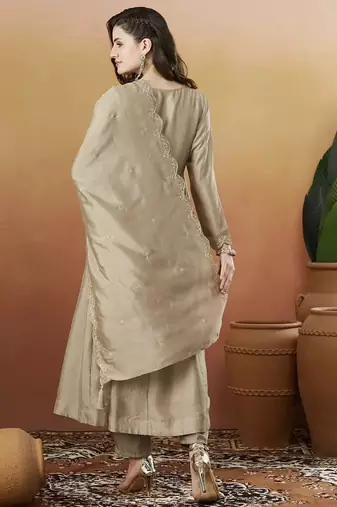 Beige embroidered vichitra silk fully stitched anarkali suit set with dupatta & straight pant