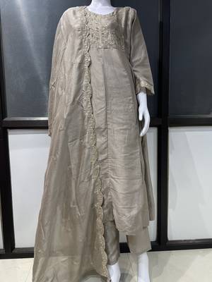 Beige embroidered vichitra silk fully stitched anarkali suit set with dupatta & straight pant 4