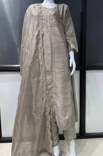 Beige embroidered vichitra silk fully stitched anarkali suit set with dupatta & straight pant