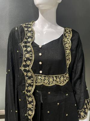 Black embroidered vichitra silk fully stitched lehenga set with dupatta 5