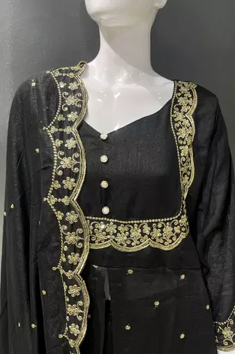 Black embroidered vichitra silk fully stitched lehenga set with dupatta