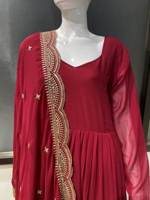 Maroon georgette stitched anarkali gown with zari embroidered dupatta ethnic wear 5