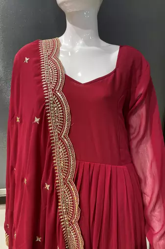 Maroon georgette stitched anarkali gown with zari embroidered dupatta ethnic wear
